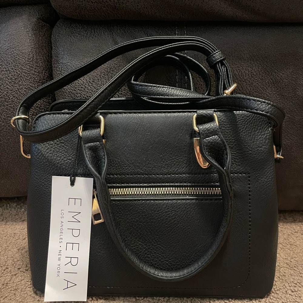 Black Crossbody Bag with Gold Hardware and Leather Finish